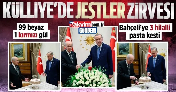 Külliye’de ’Cumhur’ zirvesi! Başkan Erdoğan, Bahçeli’yi kabul etti: 99 adet gül takdim edildi 3 hilalli pasta kesildi