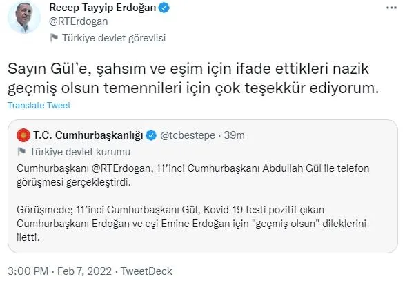 Başkan Erdoğan'dan, "geçmiş olsun" dileğinde bulunan 11. Cumhurbaşkanı Abdullah Gül'e teşekkür-1