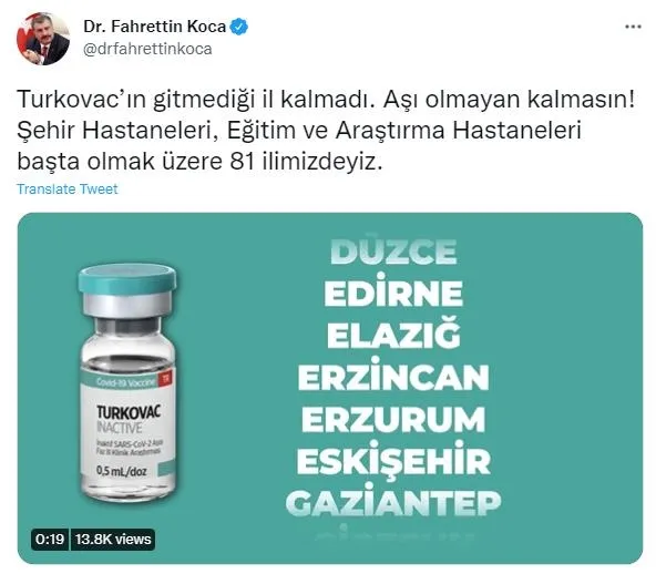 Yerli koronavirüs aşısı Turkovac Türkiye'nin 81 ilinde! Bakan Koca'dan son dakika açıklaması-1
