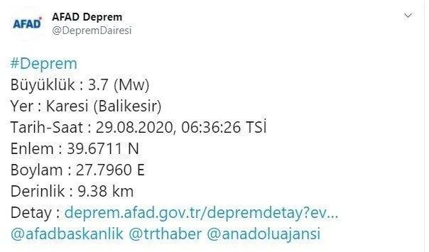 Son dakika: Balıkesir'de 3.7 şiddetinde deprem! Son depremler-1
