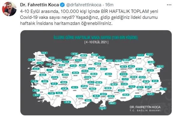 Sağlık Bakanı Fahrettin Koca 4-10 Eylül illere göre haftalık vaka sayısını açıkladı-3