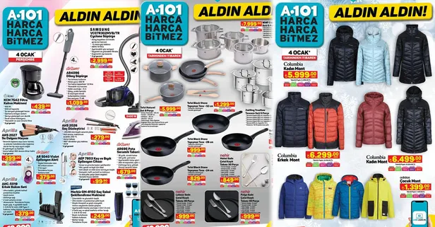 🔎4 Ocak 2024 A101 kataloğu incele: Tek kişilik baza, Columbia Jacket mont, spor ayakkabı, 3'lü kanepe, el + yüz havlusu, alez...