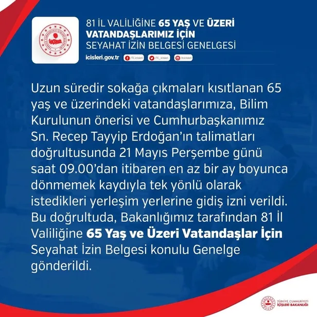 Son dakika: İçişleri Bakanlığından "65 Yaş ve Üzeri Vatandaşlar İçin Seyahat İzin Belgesi" genelgesi-1