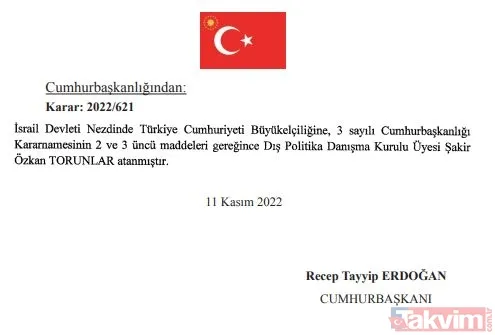 Resmi Gazete'de yayımlanan karara göre Şakir Özkan Torunlar, Tel Aviv Büyükelçiliğine atandı - 1