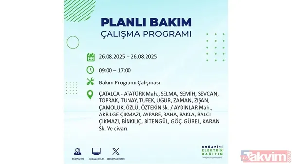 İstanbul'da elektrik kesintisi || 26 Ağustos Salı İstanbul'da elektrikler ne zaman gelecek? BEDAŞ ilçe ilçe saat verdi - 5