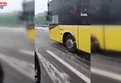 İETT otobüsü buzlu yolda kayarak ilerledi!