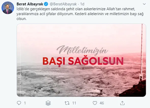Son dakika: Hazine ve Maliye Bakanı Berat Albayrak'tan 4 şehit için taziye mesajı-1