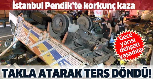 Son dakika: İstanbul Pendik'te korkunç kaza: Otomobille çarpışan kamyon takla attı