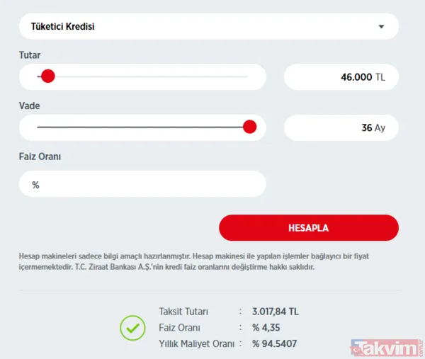 Kredi Tutarı: 46 Bin Tl Vade: 36 Ay Faiz Oranı: % 4,35
