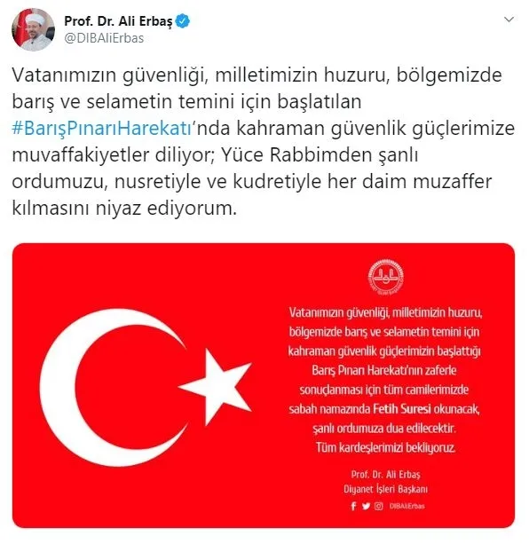 Barış Pınarı Harekatı'na destek için camilerde Fetih Suresi okunacak-1