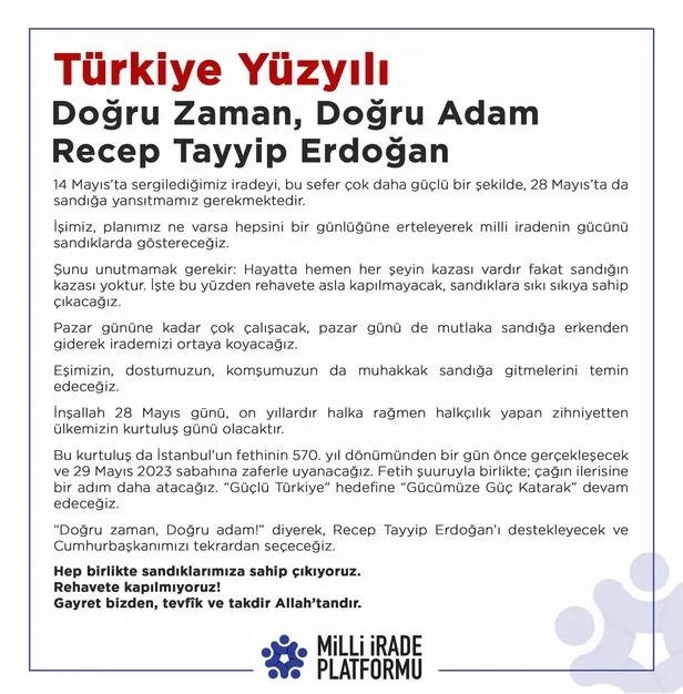 Milli İrade Platformu'ndan Başkan Erdoğan'a tam destek: "Hep birlikte sandıklarımıza sahip çıkıyoruz! Rehavete kapılmıyoruz"-1