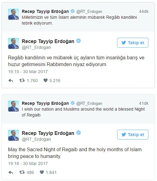 Cumhurbaşkanı Erdoğan'dan 8 dilde Regaib Kandili mesajı-1