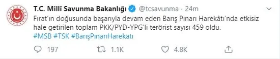 MSB açıkladı: Barış Pınarı Harekatı'nda 459 terörist etkisiz hale getirildi-1