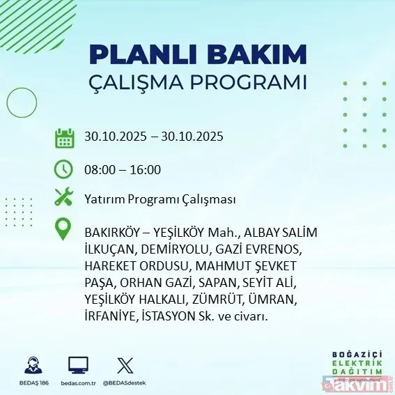 30 Ekim 2025 İstanbul'da elektrik kesintisi yaşanacak ilçeler