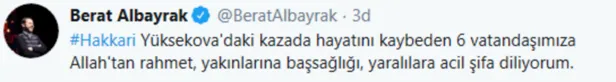 Hazine ve Maliye Bakanı Berat Albayrak'tan Hakkari'de hayatını kaybedenler için başsağlığı mesajı!-1
