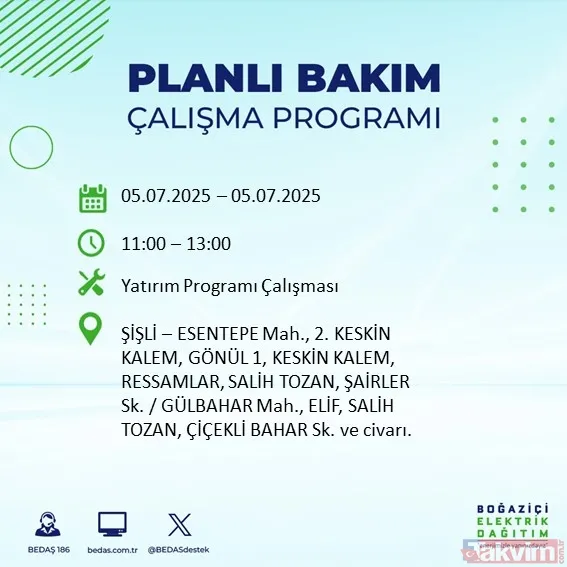 ↪5 Temmuz Cumartesi İstanbul Elektrik Kesintisi