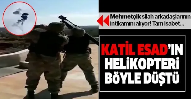 Mehmetçik’ten tam isabet! İdlib’de katil Esad rejime ait helikopterin düşürülme anı kamerada