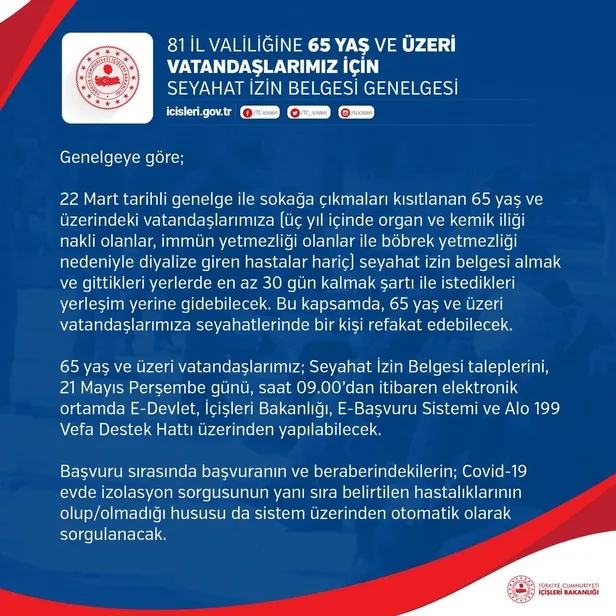 Son dakika: İçişleri Bakanlığından "65 Yaş ve Üzeri Vatandaşlar İçin Seyahat İzin Belgesi" genelgesi-2