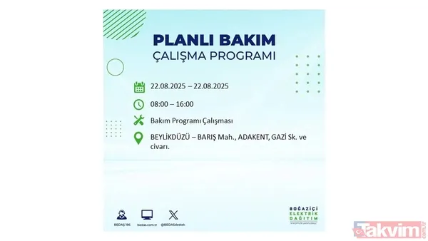 İstanbul'da 19 ilçede elektrik kesintisi! BEDAŞ İLÇE İLÇE listeledi: 22 Ağustos Cuma günü 8 saat yok - 22