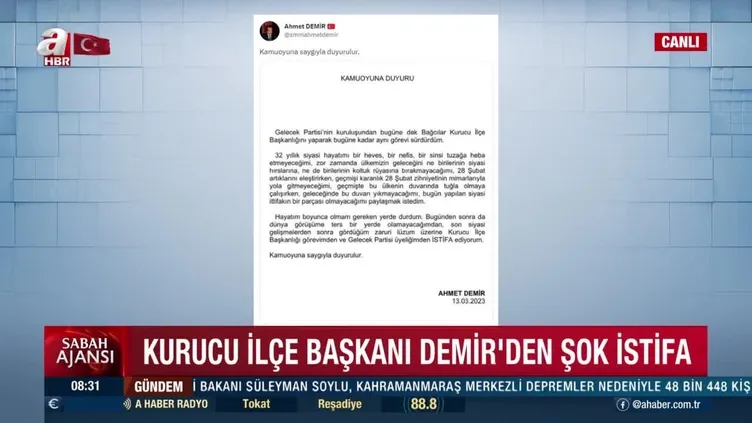 Gelecek Partisi'nden ortak aday istifası: 28 Şubat mimarlarıyla yola devam edemem
