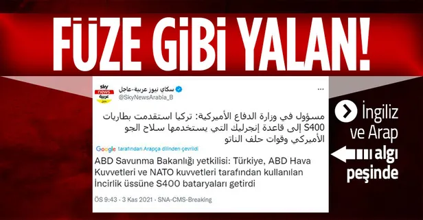 Milli Savunma Bakanlığı Sky News Arabia'nın "S-400 bataryalarının İncirlik'e sevk edildiği" iddialarına yalanlama!