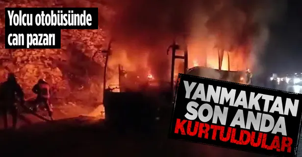 Alev alev yanan otobüsün içindeki 18 yolcu son anda kurtarıldı