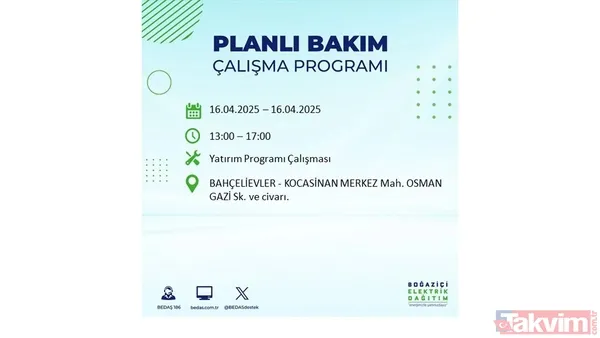 16 Nisan 2025 Bedaş İstanbul Elektrik Kesintisi