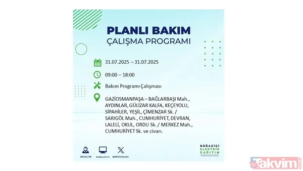 İstanbul'da bugün elektrik kesilecek mi? 31 Temmuz Perşembe elektrik kesintisi yaşanacak ilçeler hangileri? - 12