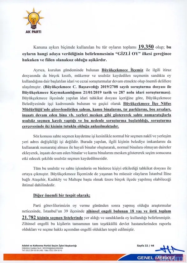 İlgili Yasa Gereği Kimlerin Oy Kullanamayacağı, Yani Kısıtlı Olduğunun Belirlendiği Aktarılan Dilekçede, Tespitler Sonucu 2 Bin 308 Adet Oy Kullanan Kısıtlı...