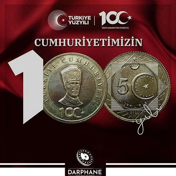 Cumhuriyet'in 100. yıl dönümü için basılan 5 liralık hatıra paralara ilişkin düzenleme Resmi Gazete'de-2