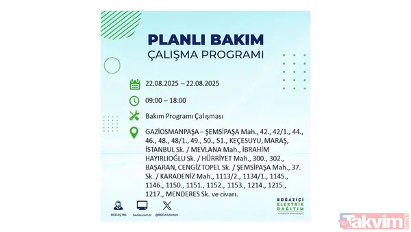 İstanbul'da 19 ilçede elektrik kesintisi! BEDAŞ İLÇE İLÇE listeledi: 22 Ağustos Cuma günü 8 saat yok - 13