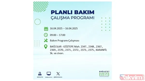 16 Nisan 2025 Bedaş İstanbul Elektrik Kesintisi