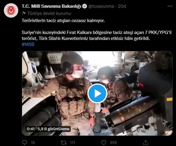 SON DAKİKA: Milli Savunma Bakanlığı: Suriye'nin kuzeyinden taciz ateşi açan 7 PKK'lı terörist öldürüldü-1