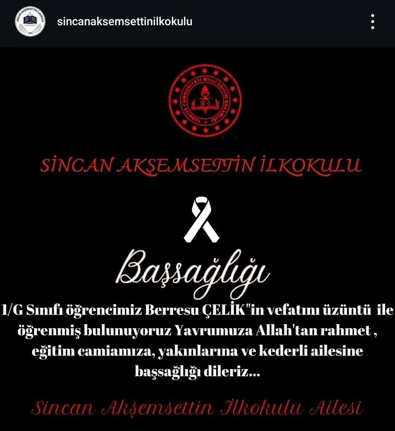 Berresu'nun okulundan taziye mesajı (takvim.com.tr | Ekran görüntüsü)