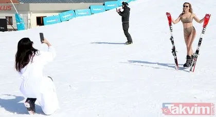 Palandöken’de bornoz ve bikini ile kayak yapan 2 Rus turist görenleri şaşırttı