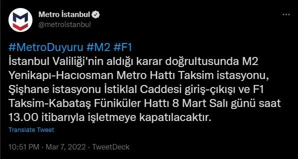 İBB sosyal medyadan duyurdu: Taksim metro istasyonu saat 13.00'ten itibaren kapalı-1