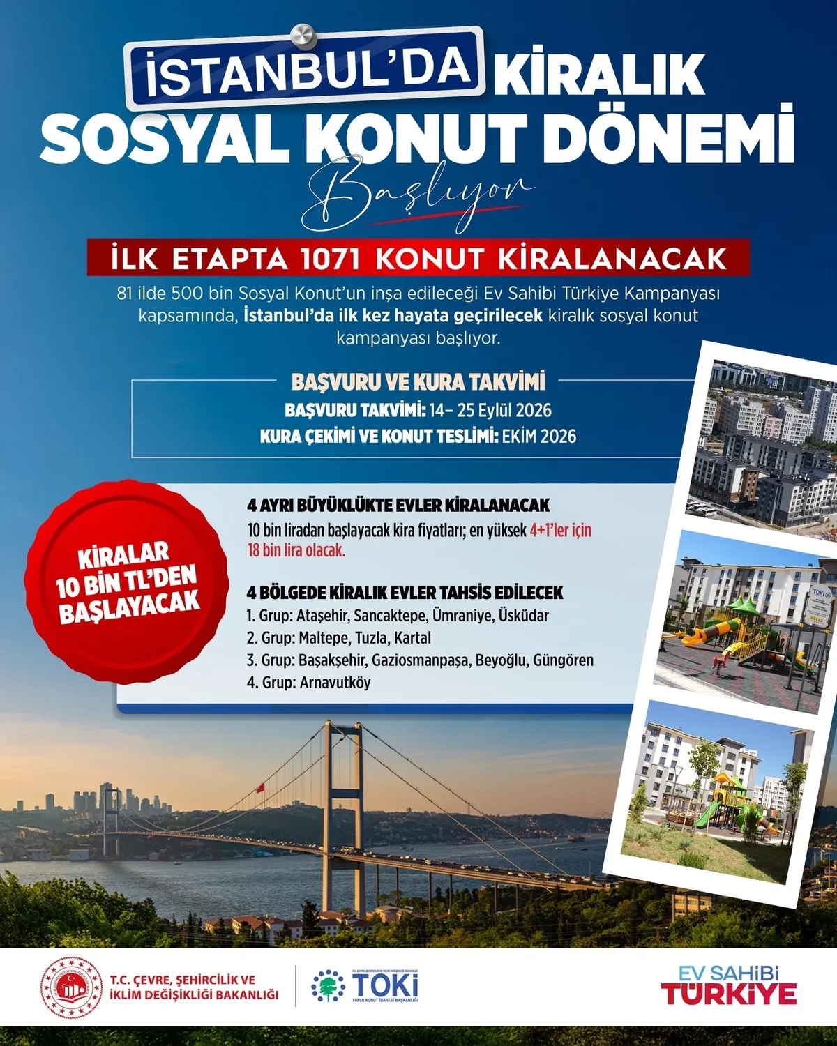 TOKİ İstanbul'da 1.071 sosyal kiralık konutu 3 yıllığına verecek! Bakan Kurum açıkladı: 1+1 10 bin, 2+1 12 bin, 3+1 15 bin-4