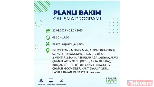 İstanbul'da 19 ilçede elektrik kesintisi! BEDAŞ İLÇE İLÇE listeledi: 22 Ağustos Cuma günü 8 saat yok - 16