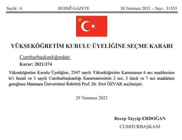 son dakika karar resmi gazete de marmara universitesi rektoru prof dr erol ozvar yok baskanligi na atandi takvim