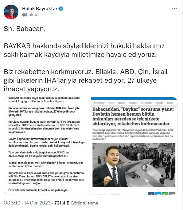haluk-bayraktardan-baykari-hedef-ali-babacana-yanit-milli-teknolojiden-bihaber-olmaniz-size-mufteri-olma-hakki-1673716716078.jpg 6'lı masada şimdi de SİHA kavgası! Babacan'a İyi Parti'den peş peşe tepkiler: "Sahip çıkacağız"-4