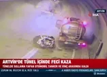 Artvin’de, tünel içinde sollama yapan otomobil tanker ve vinç arasında kaldı! O anlar kamerada