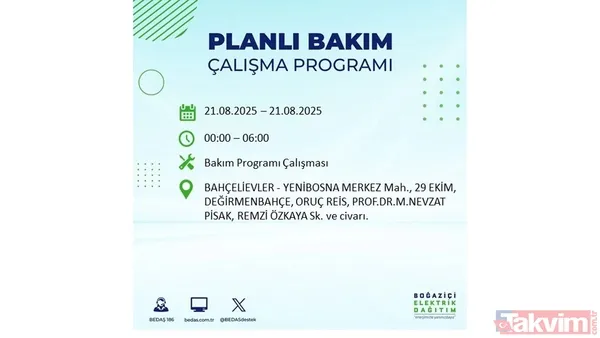 İstanbul'da 23 ilçede elektrik kesintisi! BEDAŞ İLÇE İLÇE listeledi: 21 Ağustos Perşembe günü 8 saat yok - 27