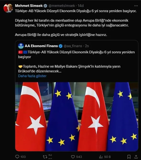 Bakan Şimşek'in paylaşımı (Sosyal medya)