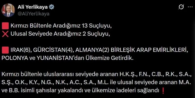 Bakan Yerlikaya'nın paylaşımı (Ekran görüntüsü)