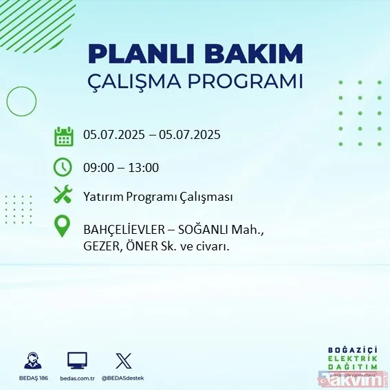↪5 Temmuz Cumartesi İstanbul Elektrik Kesintisi