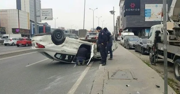 E-5'te takla atan araç yan yola uçtu