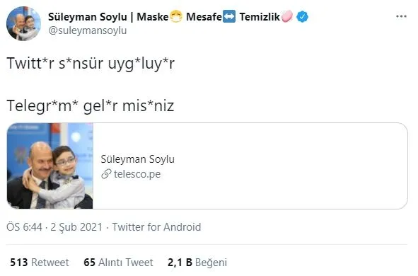 twitter-icisleri-bakani-suleyman-soylunun-sapkin-lutilere-lgbti-karsi-tweetine-ikinci-kez-sansur-uyguladi-1612281062771.jpg Twitter, İçişleri Bakanı Süleyman Soylu'nun sapkın Lutilere (LGBTİ) karşı tweetine ikinci kez sansür uyguladı-4