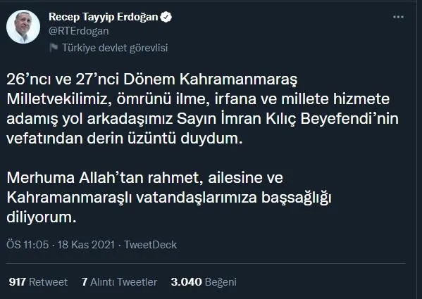 Başkan Recep Tayyip Erdoğan'dan AK Parti Kahramanmaraş Milletvekili İmran Kılıç için taziye mesajı-3