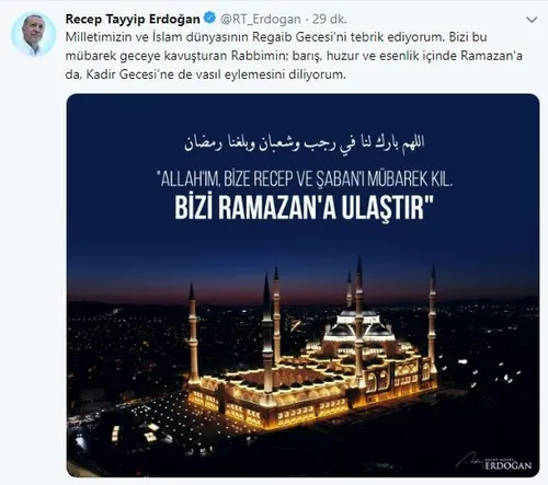Başkan Erdoğan'dan Regaib Gecesi mesajı-1