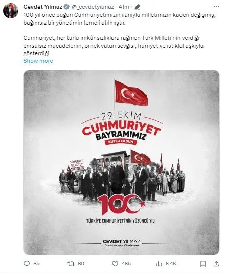 baskan-erdogandan-cumhuriyetin-100uncu-yil-donumu-mesaji-canigonulden-tebrik-ediyorum-1698564910551.jpeg Başkan Erdoğan'dan "Cumhuriyetin 100’üncü yıl dönümü" mesajı: Cumhuriyetimizi daha da güçlendirerek yeni asrına hazırlamanın gayreti içindeyiz-12